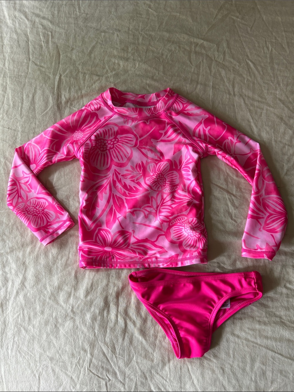 Girls XS (4-5) Pink Floral Long-Sleeve Rashguard Two-Piece Swim Set